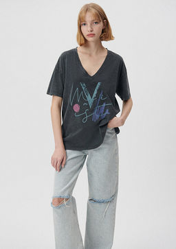 Mavi Bask?l? Gri Istanbul Tisort