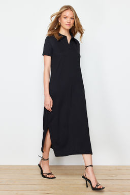 TRENDYOLMILLA Siyah Polo Yaka Shift/Normal Kesim Midi Esnek Orme Elbise TWOSS24EL01012 фото 2