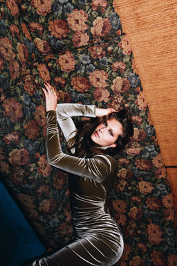 DRAPED VELVET DRESS WITH SHOULDER PADS