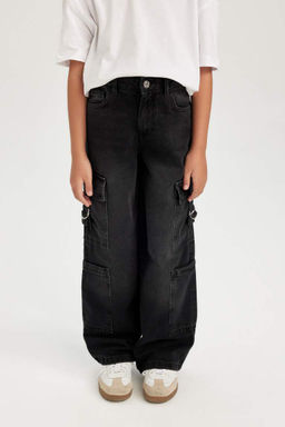 Широкие джинсовые брюки антрацитового цвета для девочек с карманами-карго - Defacto фото 4