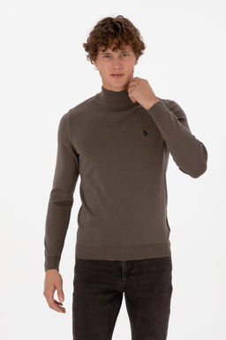 Erkek Slim Fit Bo_azl_ Vizon Basic Kazak