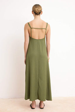 Haki Ayarlanabilir Ask?l? A-Line Burumcuk/Dokulu Orme Maxi Elbise TWOSS24EL00060