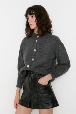 Antrasit Yumusak Dokulu Mucevher Dugmeli Ceket Gorunumlu Triko H?rka TWOAW21HI0034