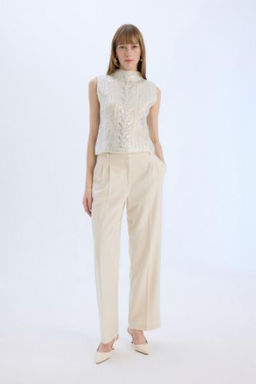 Wide Leg Yuksek Bel Genis Duz Paca Pensli Flanel Pantolon