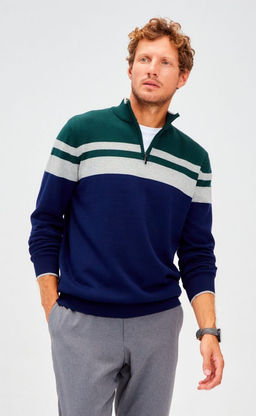 Джемпер мужской в полоску с воротником-стойкой на молнии F221-15-831 сине-зелёный