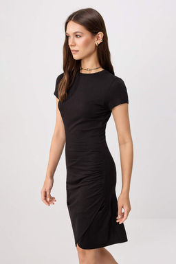 Siyah D_z Bodycon Bisiklet Yaka Standart Kol K_sa Mini Pamuklu Esnek _rme Elbise TWOSS26EL00772 - Trendyolmilla фото 2