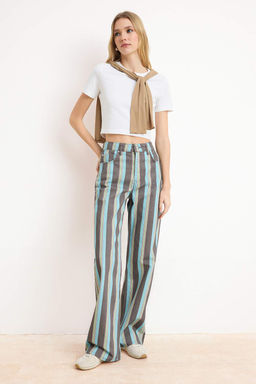 _ok Renkli D_K_ML_ _izgili Bask_l_ %100 Pamuk Y_ksek Bel Wide Leg Jeans TWOSS26JE00232