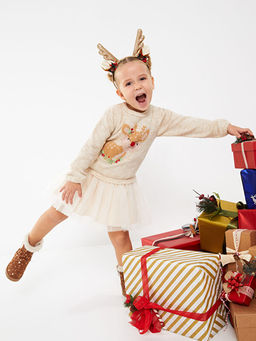 Bisiklet Yaka Uzun Kollu Y?lba?? Temal? Triko K?z Bebek Elbise