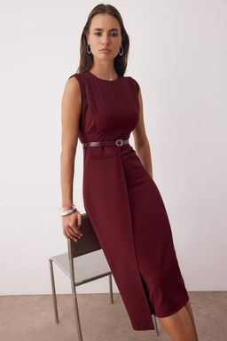 Bordo Kemer Detayl? Dokuma Midi Elbise TWOAW26EL00078