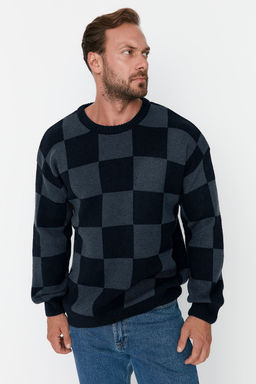 TRENDYOL MAN Lacivert Erkek Oversize Bisiklet Yaka Ekose / Kareli Triko Kazak TMNAW23KZ00279 - Trendyolmilla фото 11