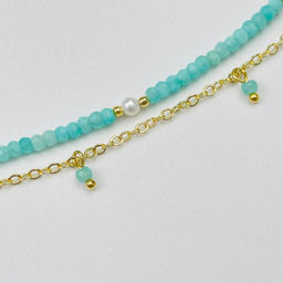 Колье двойное из Амазонита и Жемчуга с подвеской "Змея" 38/42 см +