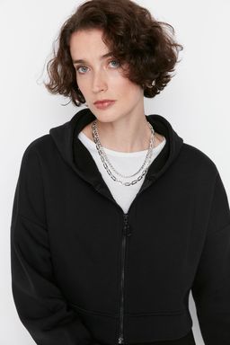 Siyah Basic Fermuarl? Kapusonlu Crop Kal?n Ici Polarl? Orme Sweatshirt TWOAW20SW0660