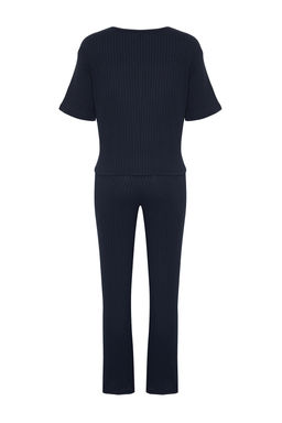 Trendyolmilla Lacivert Slogan Bask?l? Lastik Detayl? Fitilli T-shirt-Pantolon Orme Pijama THMSS21PT1016  фото 19