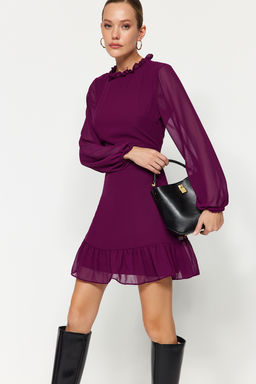 TRENDYOLMILLA Siyah A Kesim F?rf?r Detayl? Dik Yaka Mini Astarl? Sifon Dokuma K?sl?k Elbise TWOAW24EL00722  фото 8