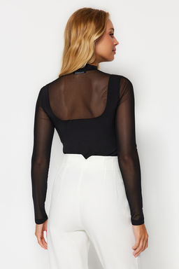 Siyah Slim Tul Detayl? Uzun Kollu Dik Yaka Alttan C?tc?tl?Esnek Orme Body TWOAW24BD00049