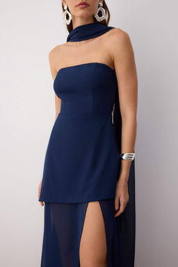 Lacivert Sal Detayl? Dokuma Maxi Abiye & Mezuniyet Elbisesi TPRSS25AE00188