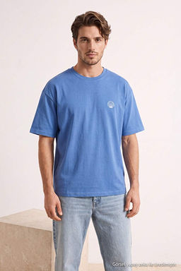 Mavi Oversize/Geni_ kesim Midye Bask_l_ %100 Pamuk T-Shirt TMNSS26TS00087