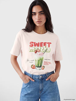 Bask?l? Oversize %100 Pamuklu Kad?n Ti??rt