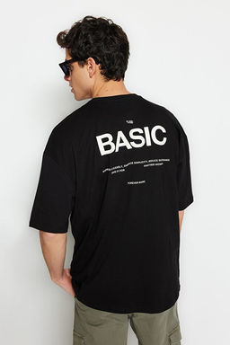 Siyah Oversize/Geni_ Kesim Yaz_ Bask_l_ K_sa Kol %100 Pamuklu T-Shirt TMNSS23TS00263