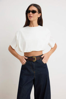 Ekru Boxy K?sa Kollu Buzgulu Super Crop %100 Pamuk Orme T-shirt TWOSS26TS00282 - Trendyolmilla фото 2