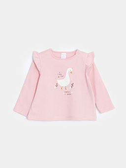 Bisiklet Yaka Uzun Kollu Bask?l? K?z Bebek Ti??rt