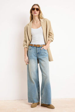 Premium Mavi Ozel Kumas DOKUMLU Yuksek Bel %100 Pamuk Wide Leg Jeans TWOSS26JE00136