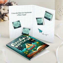 Открытка 4 шоколадки "Лучшему учителю (зелёная с книгой и корабликом)"