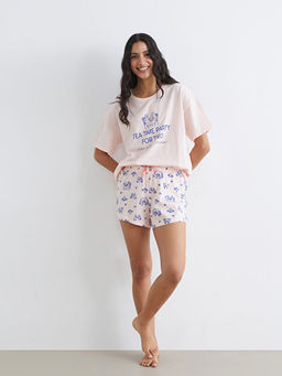 Bisiklet Yaka Bask?l? Kad?n ?ortlu Pijama Tak?m?