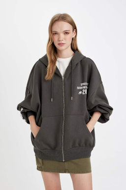 Кардиган оверсайз из плотной ткани с капюшоном и принтом - Defacto фото 3