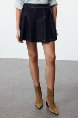 Lacivert Pileli Yuksek Bel Mini Denim Etek TWOAW25ET00114 - Trendyolmilla фото 3