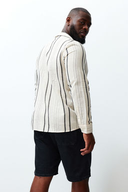 Siyah Regular Fit Cizgili Etamin Buyuk Beden Keten Gorunumlu Gomlek TMNSS24AX00004