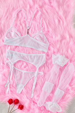 Beyaz Dantelli Jartiyerli ve Corapl? Ip Ask?l? Kaps?z Orme Ic Camas?r? Tak?m? THMAW24CC00013