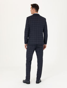 Lacivert Ekose Ekstra Slim Fit Y_n Kar___ml_ Tak_m Elbise