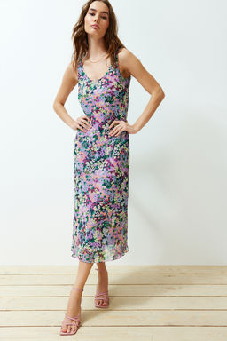 Cok Renkli Cicekli Sifon Astarl? Midi Dokuma Elbise TWOSS24EL00496 - Trendyolmilla фото 2
