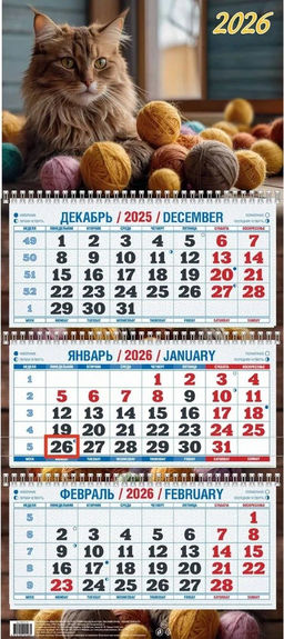 Календарь квартальный настен. 3-х блочный, 310*680мм, 2026г. "Пушистый кот" (КБ14-26)