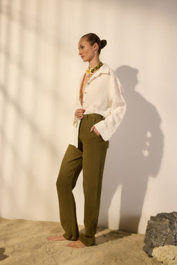 Haki %100 Keten Yuksek Bel Wide Leg Pantolon TWOSS24JE00246