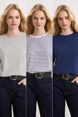 Lacivert-Gri Melanj-Ekru Cizgili 3lu Paket Basic Bisiklet Yaka Orme T-Shirt TWOSS20TS0146