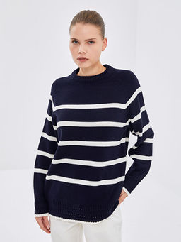 Bisiklet Yaka ?izgili Kad?n Triko Kazak