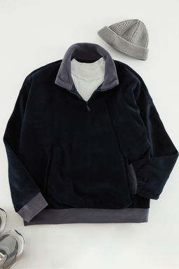 TRENDYOL MAN Lacivert Oversize/Genis Kesim Dik Yaka Renk Blok Anti-pilling Polar Polar Sweatshirt TMNAW24SW00036 - Trendyolmilla фото 2