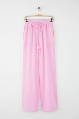 Ac?k Pembe Keten Gorunumlu Wide Leg/Genis Paca Sort Astarl? Beli Lastikli Pantolon TWOSS25PL00121