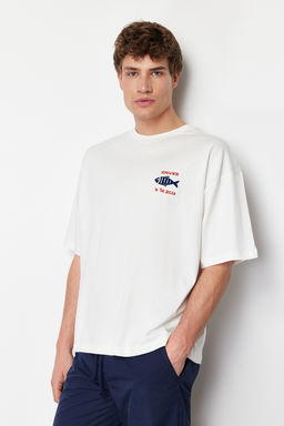 Ekru Oversize/Genis Kesim %100 T-Shirt TMNSS22TS0318
