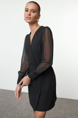 Siyah Sifon Kol Detayl? Mini Dokuma Ceket Elbise TWOAW25EL00138