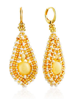 Красивые серьги в виде капельки из бисера и янтаря Лукоморье