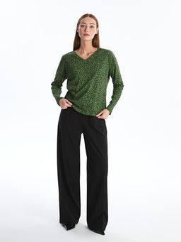 V Yaka Desenli Uzun Kollu Kad?n Bluz