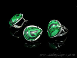 Кольцо Серьги с малахитом имитация размер 18