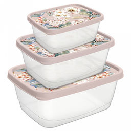 Контейнер для продуктов пластмассовый набор 3шт: 0,5л - 13,8х10,6х5,6см, 0,85л - 16,6х12,8х6,6см, 1,5л - 19,7х15,1х8см, прямоугольный, бежевый, с декором (Россия)