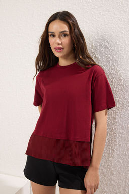 Bordo Oversize/Genis Kal?p Pilise Detayl? Orme Bluz TWOSS25BZ00466