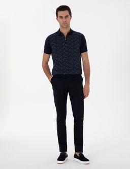Lacivert Regular Fit Fermuarl_ Polo Yaka Desenli T-shirt