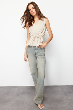 Trendyolmilla Mavi V Yaka Belden Baglamal? Dokuma Bluz TWOSS20BZ0898  фото 23