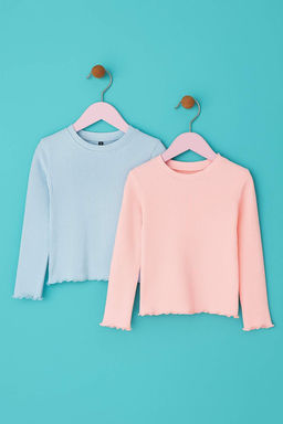 Pembe-Mavi 2li K?z Cocuk 100% Pamuk Duz Bisiklet Yaka Regular Orme T-Shirt TKDAW26TS00001 - Trendyolmilla фото 6